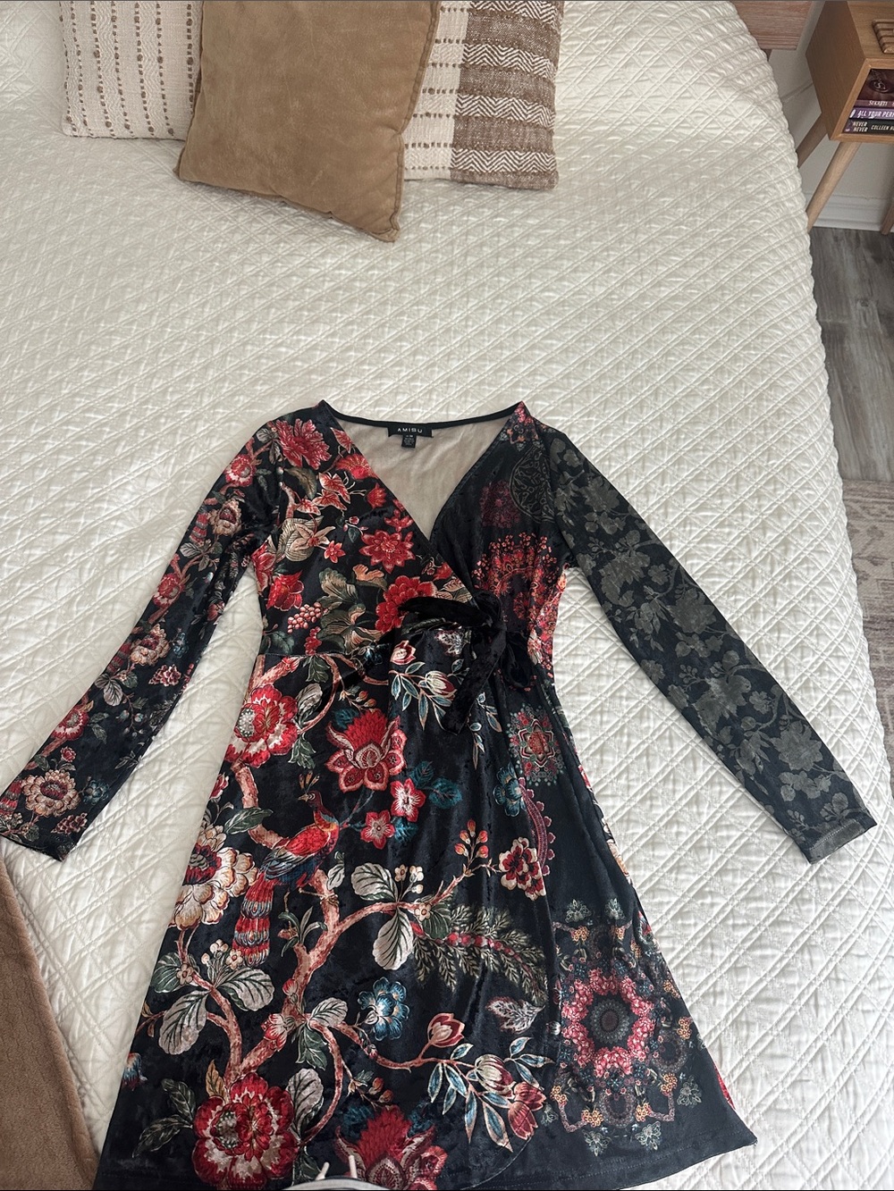 Amisu Black Velvet Floral Wrap Dress with Red, Green & Blue Details